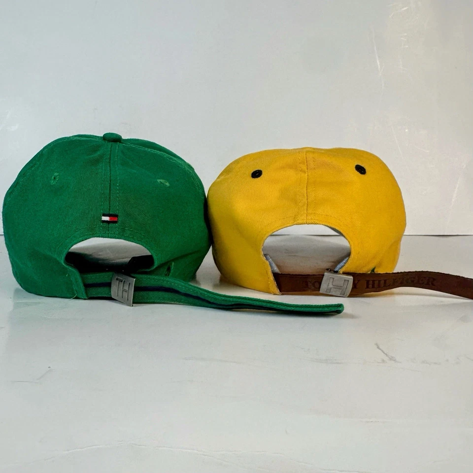 Lote De 2 Sombreros Tommy Hilfiger Vintage Verde Amarillo Logo Correa De Cuero Y2K Años 90 Foto 2 de 4