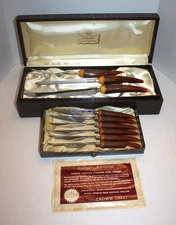 Vtg Sheffield Crown Crest Stainless Knife Carving Set w/ 6 Steak Knives in Box