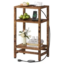 3 Tier Tall Nightstand with Fast Charging Station, Small Bedside Rustic Brown