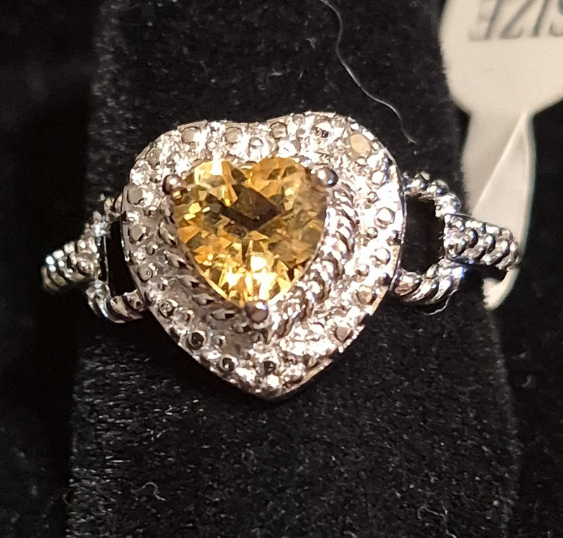 925 Sterling Silver Heart Yellow Citrine Gemstone Halo Cocktail Ring Size 7