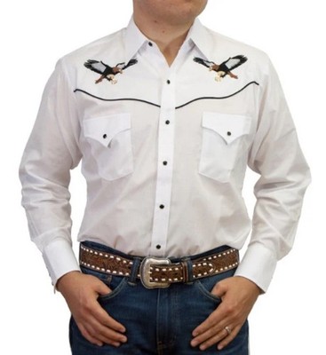 Ely Cattleman White Cowboy Pearl Snap Shirt Rodeo Embroidered Bald Eagles L Long