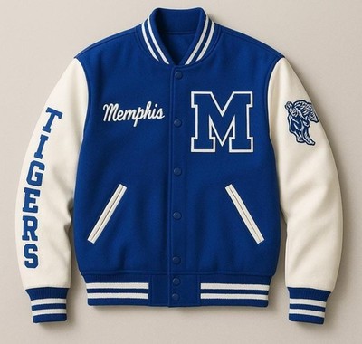 University of Memphis Varsity Jacket With Genuine Leather Sleeves and Embroidery