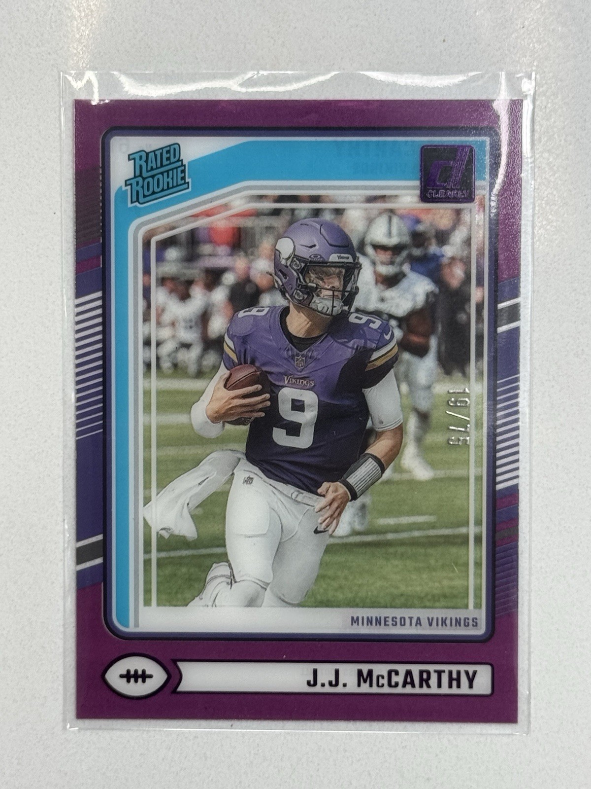 2024 Donruss Clearly JJ McCarthy Rated Rookie PURPLE COLOR MATCH RC 19/75