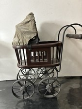 Antique Pram Baby Doll Carriage Wood Moleskine And Metal Sturdy Beautiful Toy