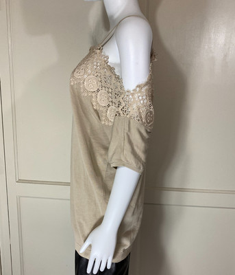 AGNONA Italy Luxury Lace Crochet Cold Shoulder Top Beige Sz 42 US 8 M Boho $1390