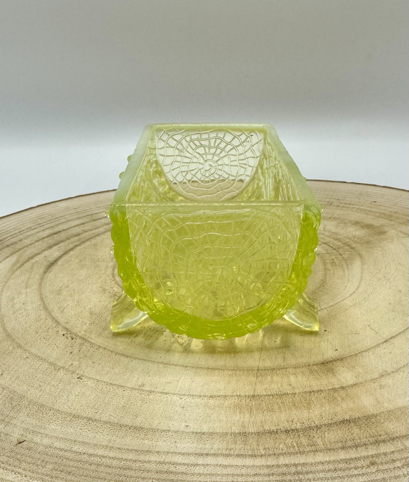 Antique Northwood Vaseline Glass Half Log Sugar Dish Glows Some Damage