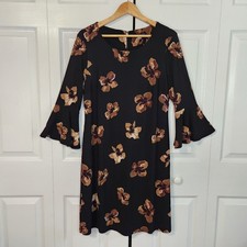 Tommy Hilfiger Black Dark Floral Bell Sleeve Dress Size 12 Career Cocktail Mod