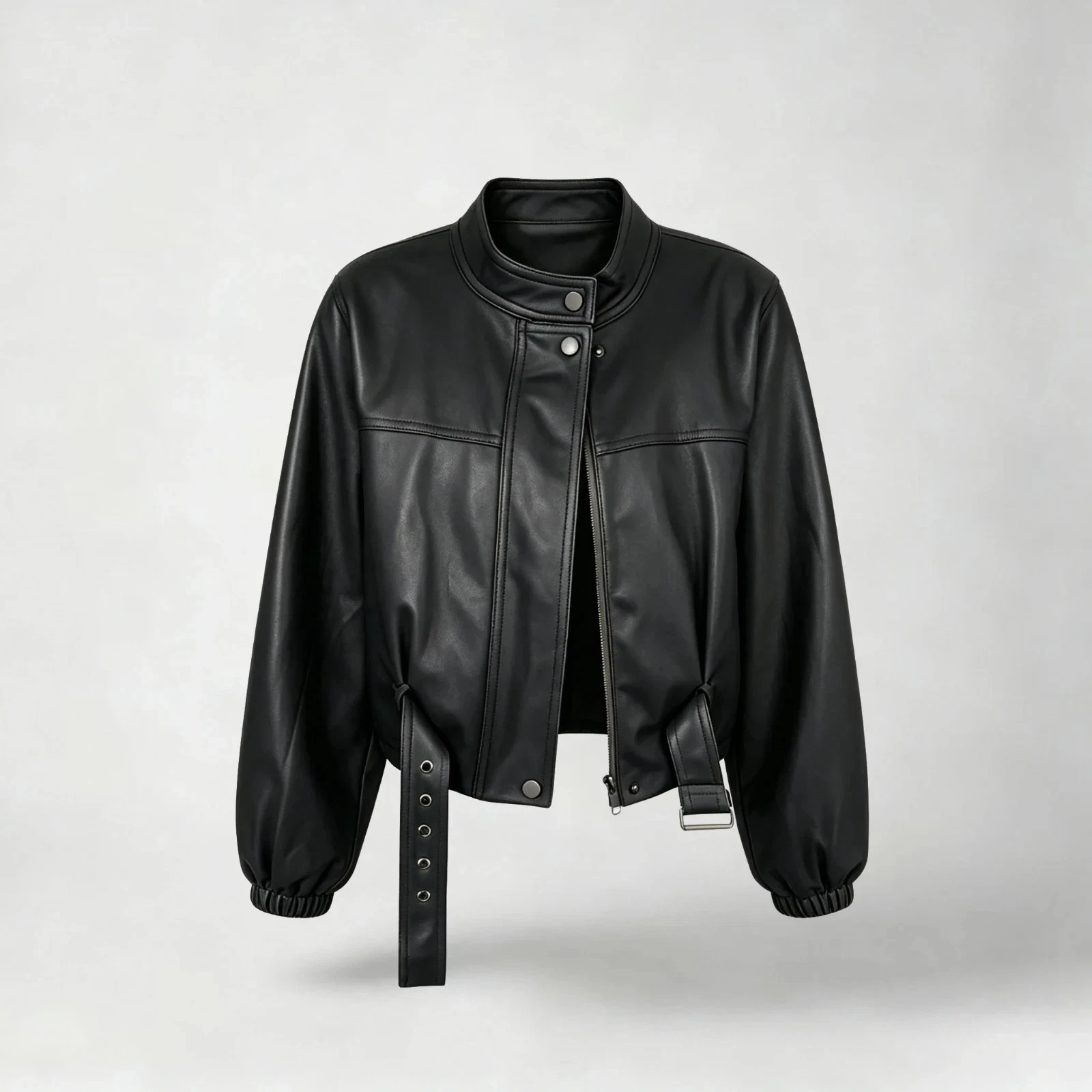 Women's Oversized Cow Leather Motorcycle Jacket Belted Stand Collar Short Coat