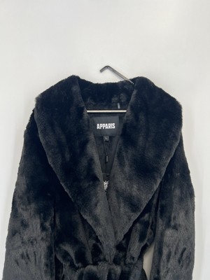 Apparis Bree Faux Fur Very Soft Belted Overcoat In Noir New - Size Large