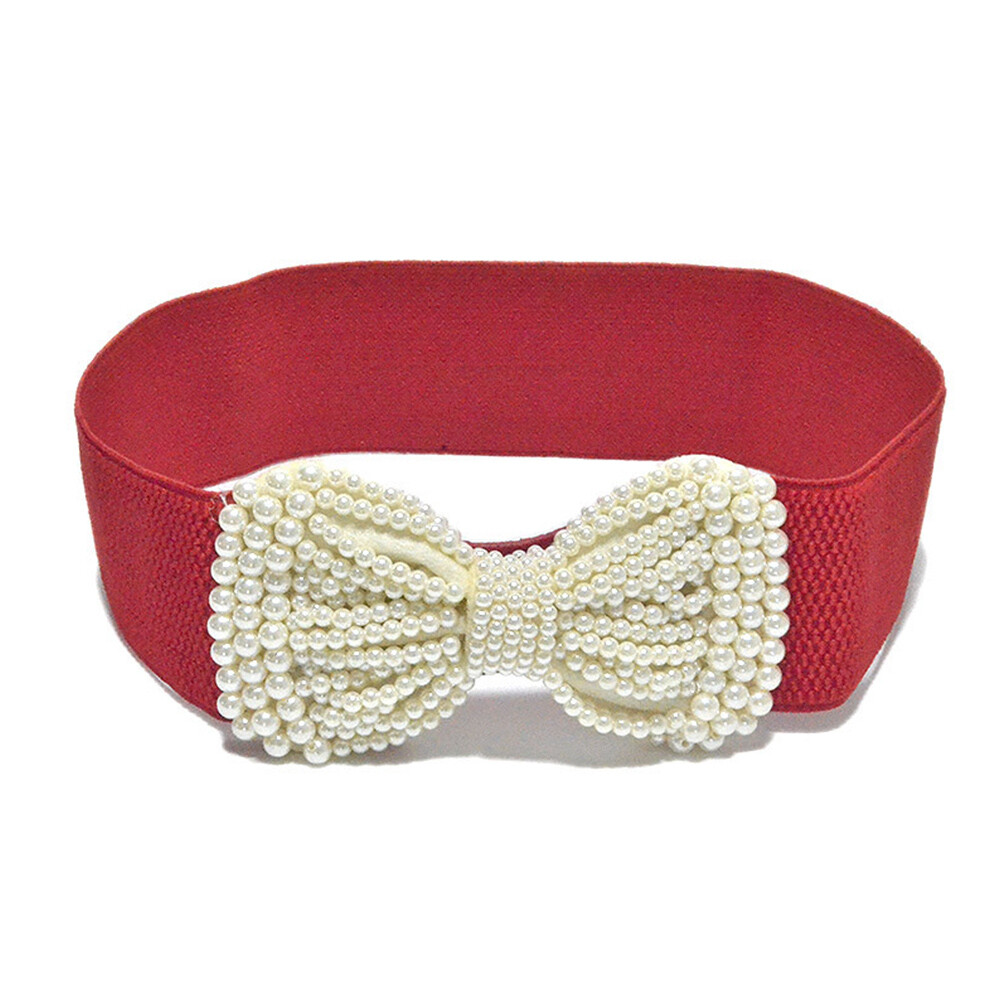 ♡♡♡Faux Pearl Large Bow Wide Stretch Dress Belt Cream Pink Party CLub Wear Booluee Women main image 3