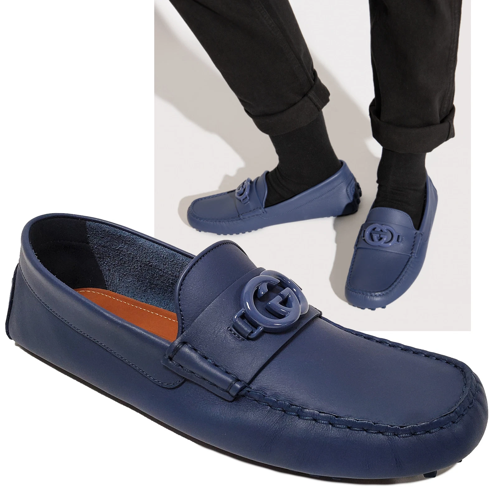 CHAUSSURES GUCCI MOCASSINS MOCASSINS HOMME LOGO G CUIR BLEU taille 11,5G 12