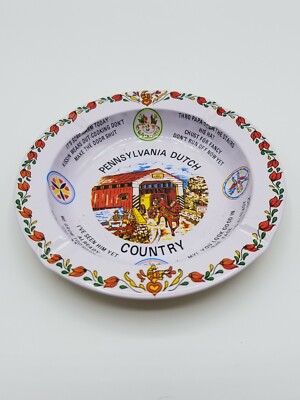 Pennsylvania Dutch Country Metal Ash Tray Souvenir Amish Sayings Hex Signs