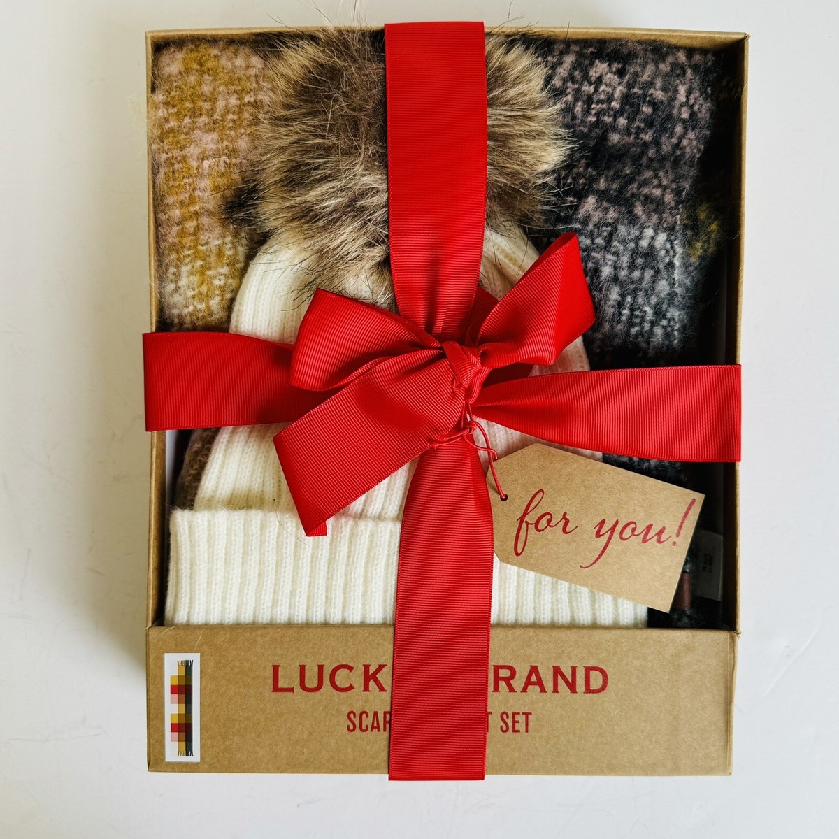 Lucky Brand Cream and Burgundy Scarf and Beanie Pom Pom Hat Set Lucky Brand Scarf And Hat Set Choc Beanie w/ Pom Pom Brown  main image 2
