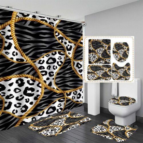 Luxus Zebra Leopard Kunst Duschvorhang Set rutschfeste Badematte WC Deckel Abdeckung - Bild 1 von 12