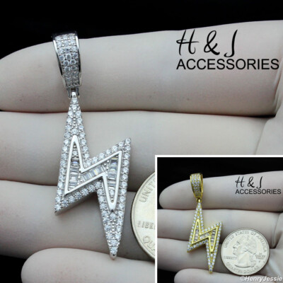 MEN 925 STERLING SILVER ICY CZ GOLD PLATED/SILVER LIGHTNING BOLT  PENDANT*ASP326