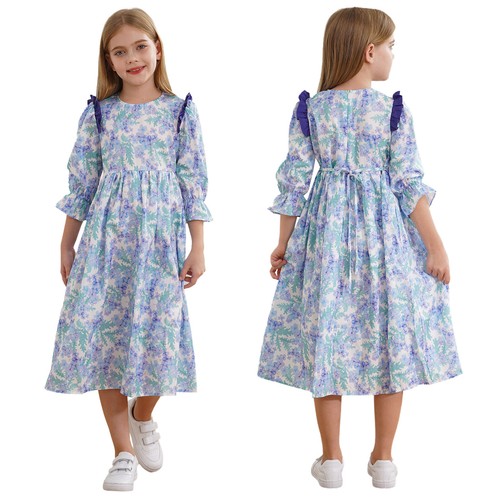 Kids Girls Sundress Party Dresses Modest Dress 3/4 Sleeve Costume Holiday Gown - Picture 30 of 59