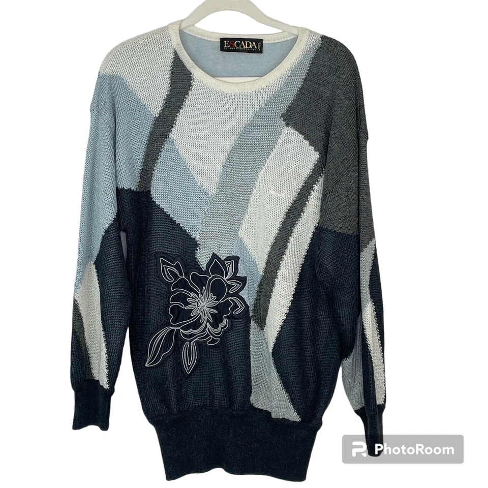 Suéter ESCADA By Margaretha Ley De Colección Talla 36 M L Apliques Florales Azul Gris Lino Foto 2 de 4