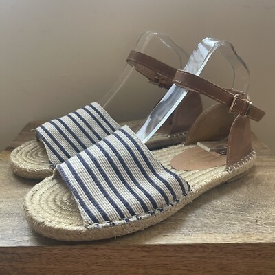 River Island Ladies Blue Stripe Straw Ankle Strap Flat Sandals