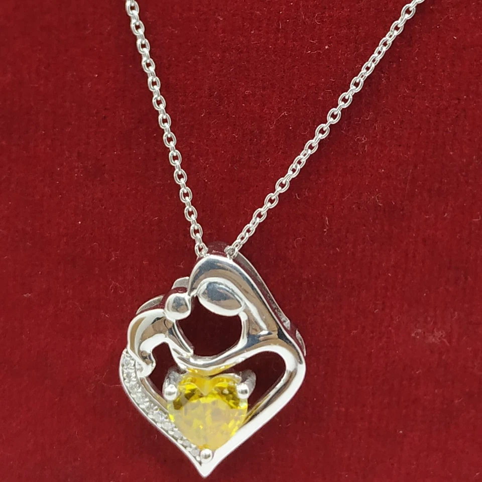 Created Citrine Mother & Child Heart Pendant w Diamond Sterling Silver 18" - Image 4 of 4