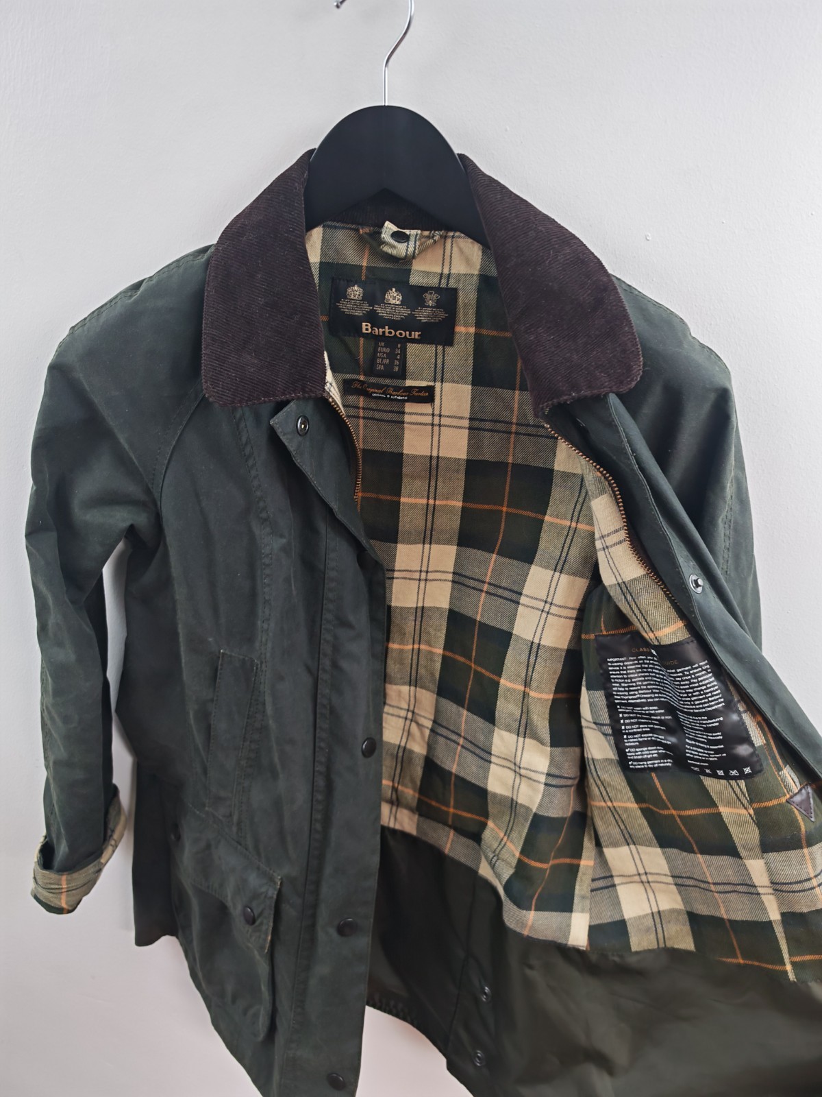 Womens Barbour Beadnell Wax Jacket Sage Green UK 8 Tartan Lined Thornproof image 6