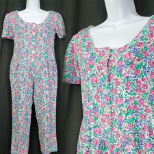 Vintage White/Pink/Purple/Green Floral Jumpsuit w Drop Waist Size Med