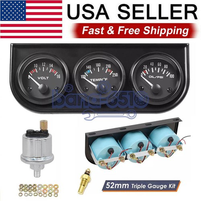 #ad 2quot; 52mm 3 in 1 Auto Car Triple Gauge Set Kit Water Temp Oil Pressure Volt Meter $18.49