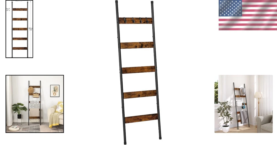 Wall Leaning Blanket Ladder Towel Rack with Hooks Rustic Brown Black - Image 2 of 4