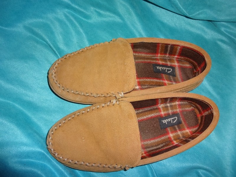 Clarks Suede Men Venetian Moccasin Slippers Tan/Brown 10 Plaid/Suede Loafer