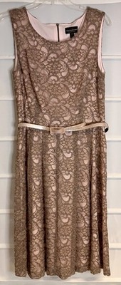 Connected Apparel Taupe & Pink Lace Sleeveless Fully Lined Dress Size 8 NWTS!