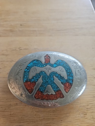 Vintage Quirino German Silver Turquoise & Coral Inlay Thunderbird Belt Buckle . - Picture 2 of 8