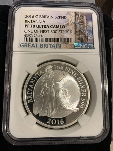 2016 NGC PF70 Ultra Cameo Great Britain 2 PND Britannia 1oz. Silver Coin