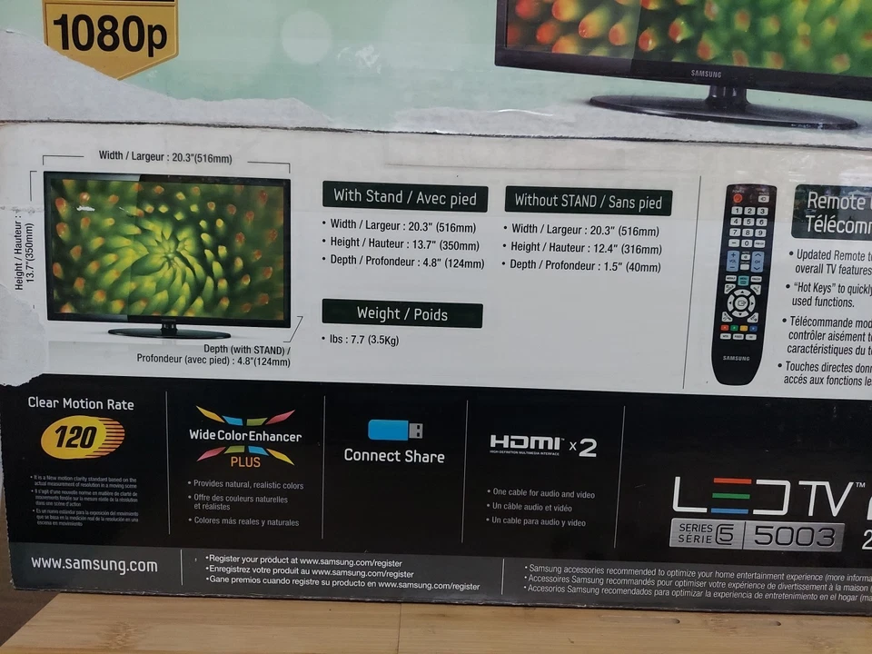 Samsung 22" Full HD 1080P UN22D5003BF LED LCD 120Hz Remote Stand Sealed NEW! - Image 2 of 4