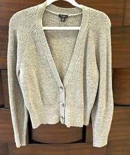 Ann Taylor Factory Ribbed V-Neck Button Cardigan  Heathered Charcoal Gray  M