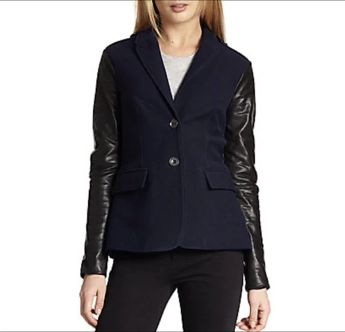 Donna BURBERRY BRIT Wollaton blu navy con maniche in pelle nera taglia 2 nuovo con etichette $795