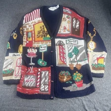 Vintage The Eagle's Eye Novelty Cardigan City Bakery Plants Hand Knit Sweater L