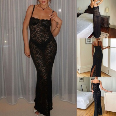 Sexy Women's Transparent Lace Dress Elegant Maxi Slip Sundress
