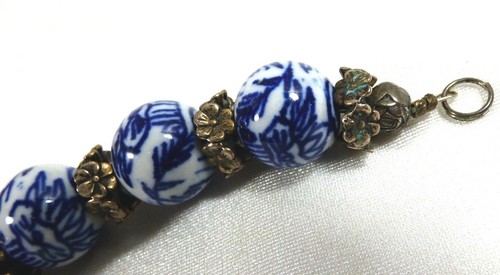 De Colección Blanco y Azul Redondo Cuentas de Porcelana Plateado Espaciadores Cierre Pulsera 8"L - Imagen 6 de 8