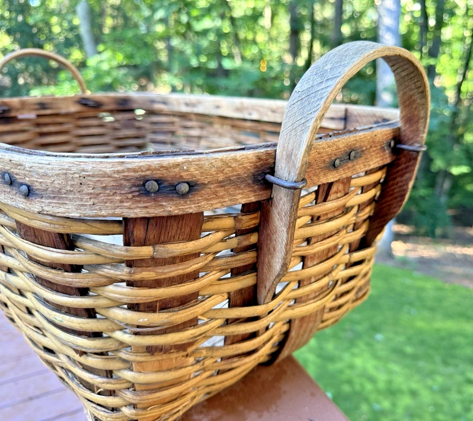 19th Century Large Antique Wood Woven Basket, Old Nails, Primitive-Original-Wow - Image 3 of 4