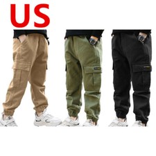 US Boys Pants Solid Color Cargo Athletic Sports Casual Trouser Dance Sweatpants