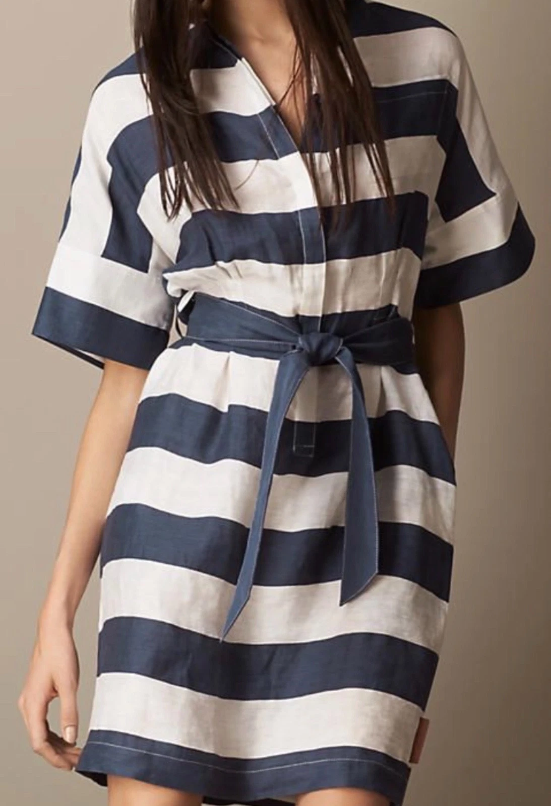 Burberry — Authentic Burberry Brit Blue White Striped Linen Blend Dress Shirt US 12 L