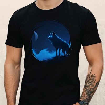Mens Wolf Light Up Eyes Print Cotton T-Shirt Size XS to 5XL