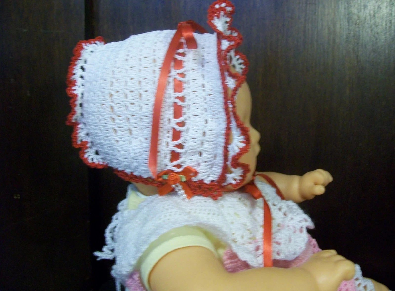 BABY GIRLS BONNET Crochet Handmade White & Red Size 2M to 6 Months