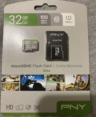 PNY 32GB Elite MicroSDHC Flash Card with Adapter, 100MB/s HD USH-I 2 Pack-New