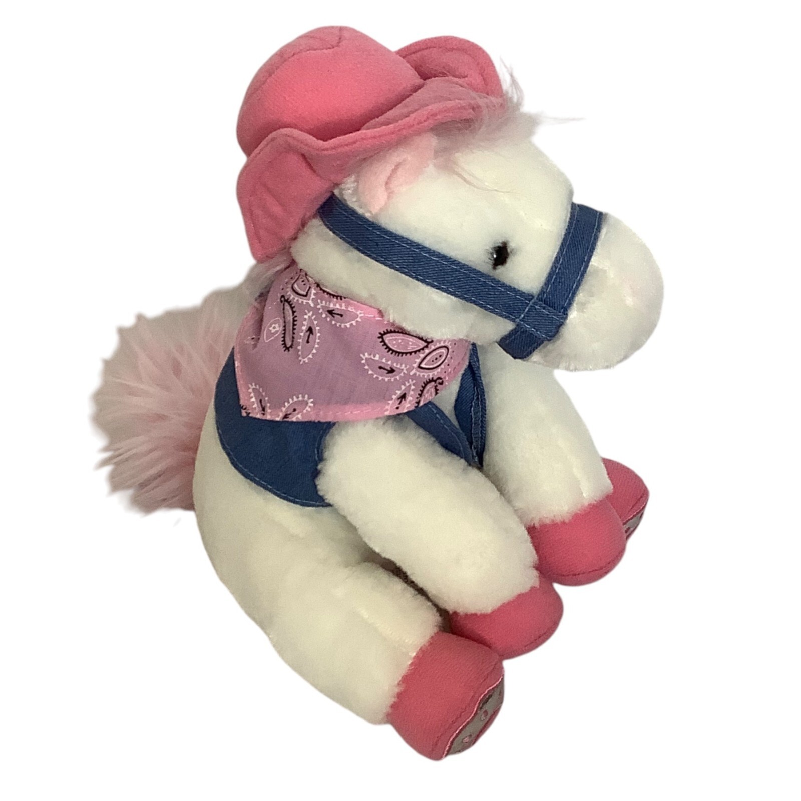 Peluche pony bianco arrotondato aurora rosa cappello cowboy western rodeo rosa 9" nuovo con etichette