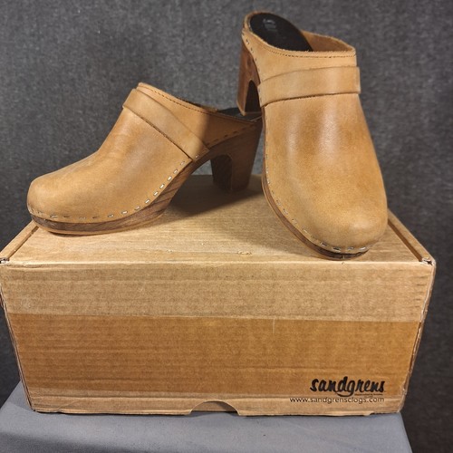 Sandgren Leather Wooden Clogs Shoes Womens 6.5 US 37 EU Slip On Tan