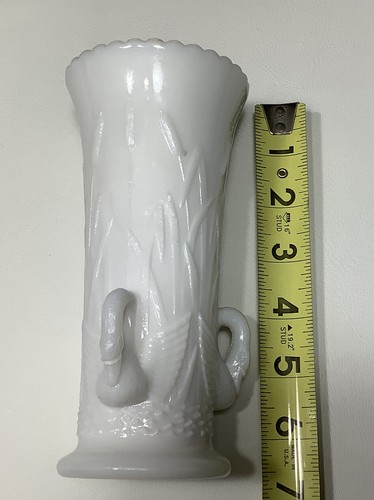 Mid Century Vintage Milkglass Vase, 6.5”H, Swans
