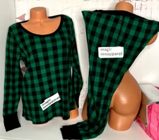 VS 2 PC L THERMAL PAJAMAS SET LONG-SLEEVE SHIRT LONG PANTS RIBBED PLAID GREEN
