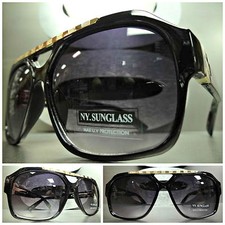 Mens or Women CLASSIC VINTAGE RETRO Hip Hop Style SUN GLASSES Black  Gold Frame