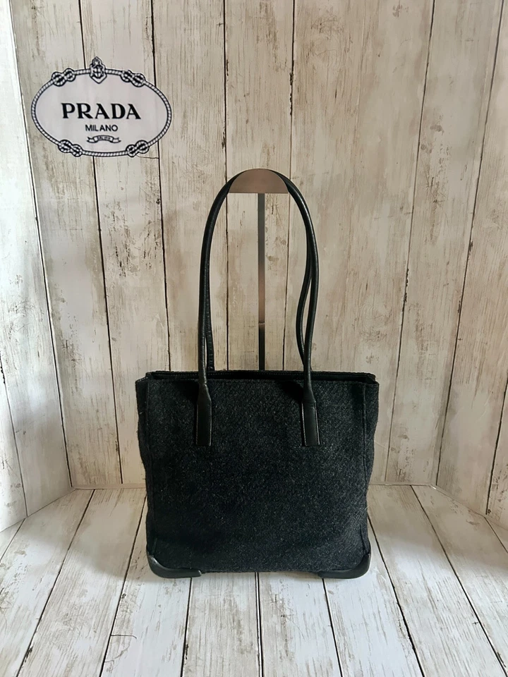 PRADA Triple Compartment SHETLAND WOOL Gray & Black Leather Trim #31 ART: B9502 - Image 4 of 4