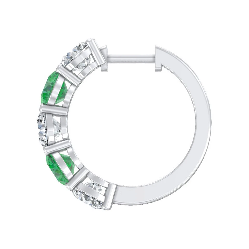 Natural Emerald & Lab Grown Diamond Hoop Earrings 14K White Gold 2.09gm - Image 3 of 4
